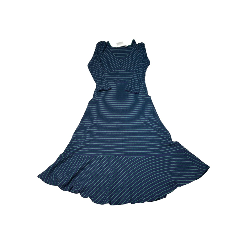 Maeve Anthropologie Navy Green Striped Ribbed Knit V-Neck Midi Dress Womens S